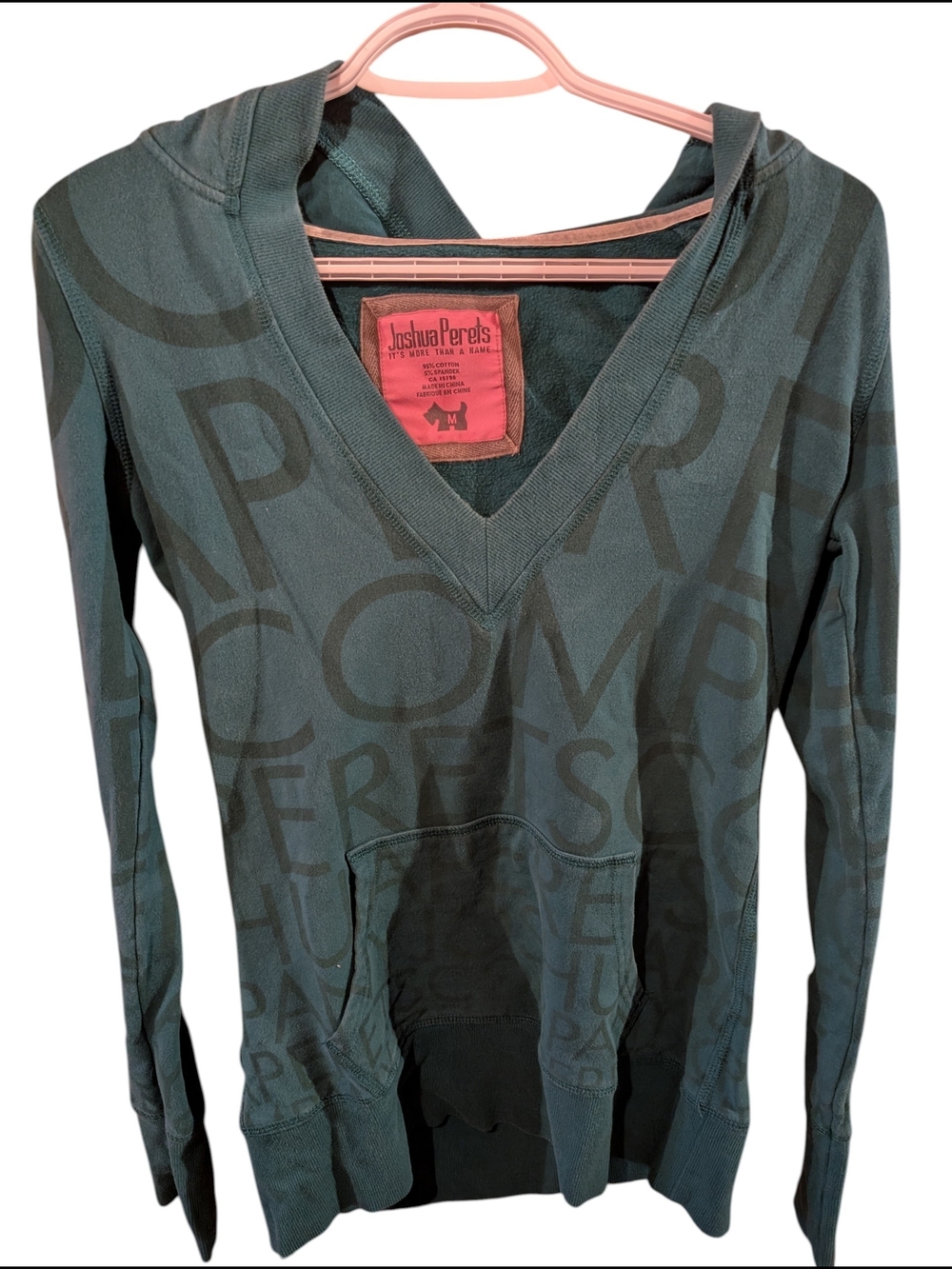 Joshua Perets Women's Teal V-Neck Hoodie Sweater Y2K